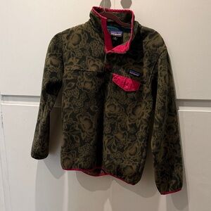 Patagonia Olive Floral Fleece Pullover with Pink Trim